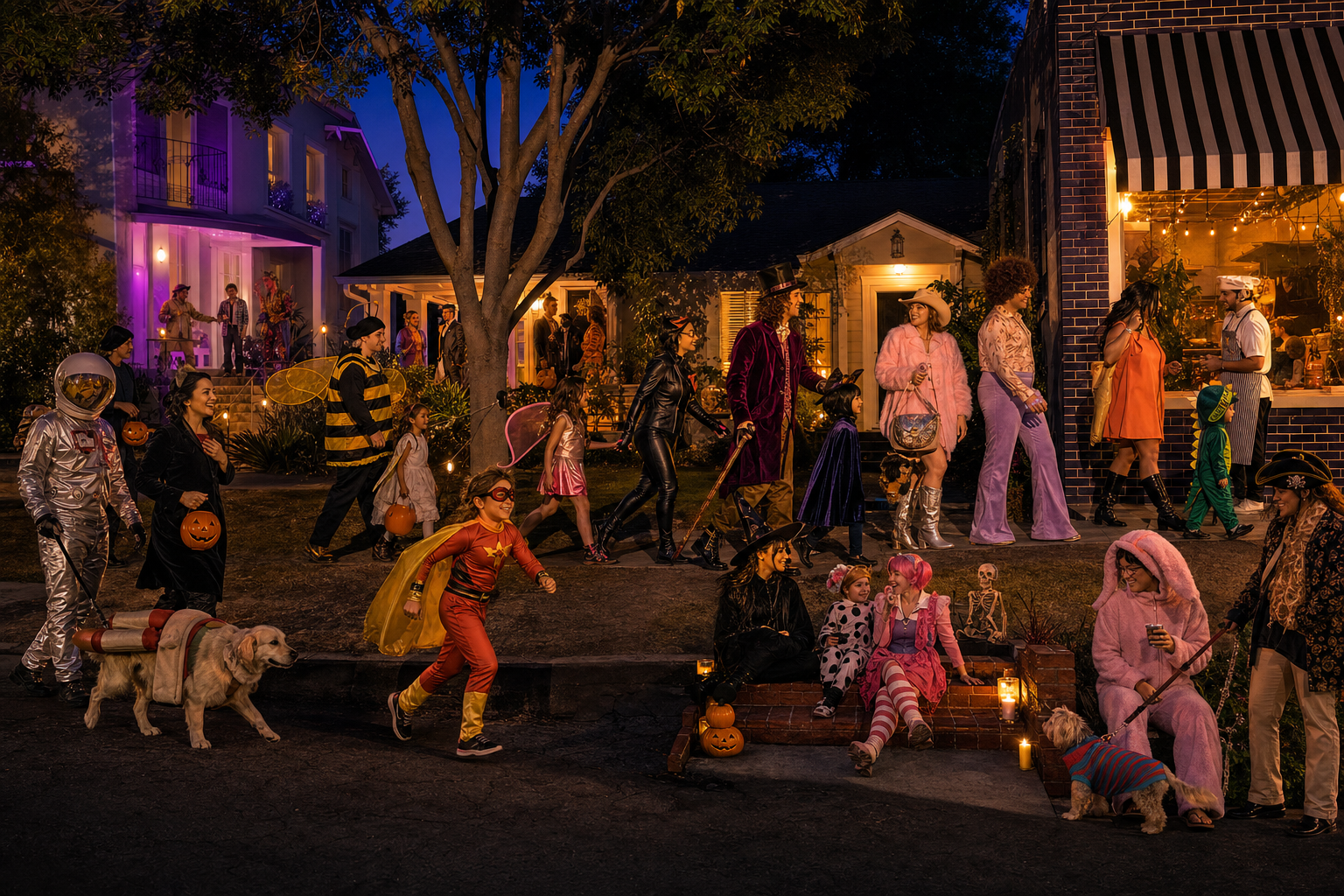 Neighbors of different ages meet across homes and a shop on Halloween night.