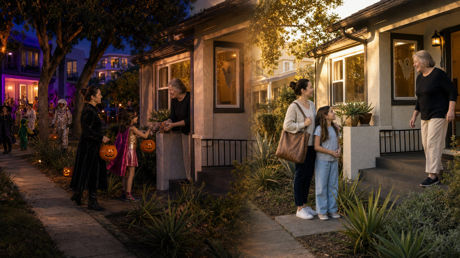 The Halloween visit and next-day recognition show how a doorway changes two neighbors’ relationship.