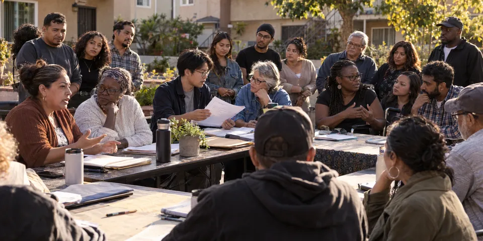 AI-generated scene of a diverse community gathered around connected courtyard tables, sharing experiences, listening and planning together.