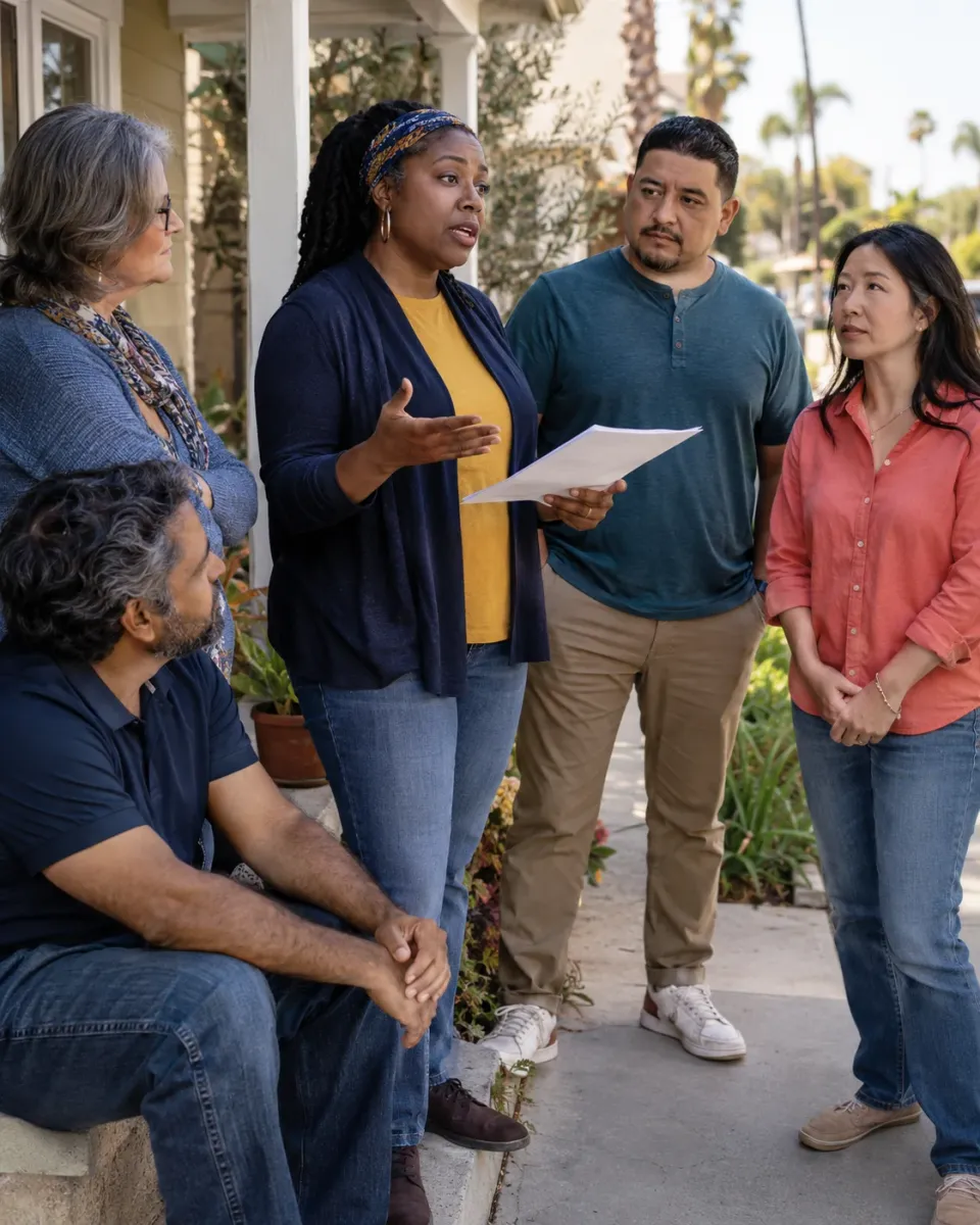 AI-generated scene of diverse adult neighbors standing together and listening to a woman holding papers on a residential porch.