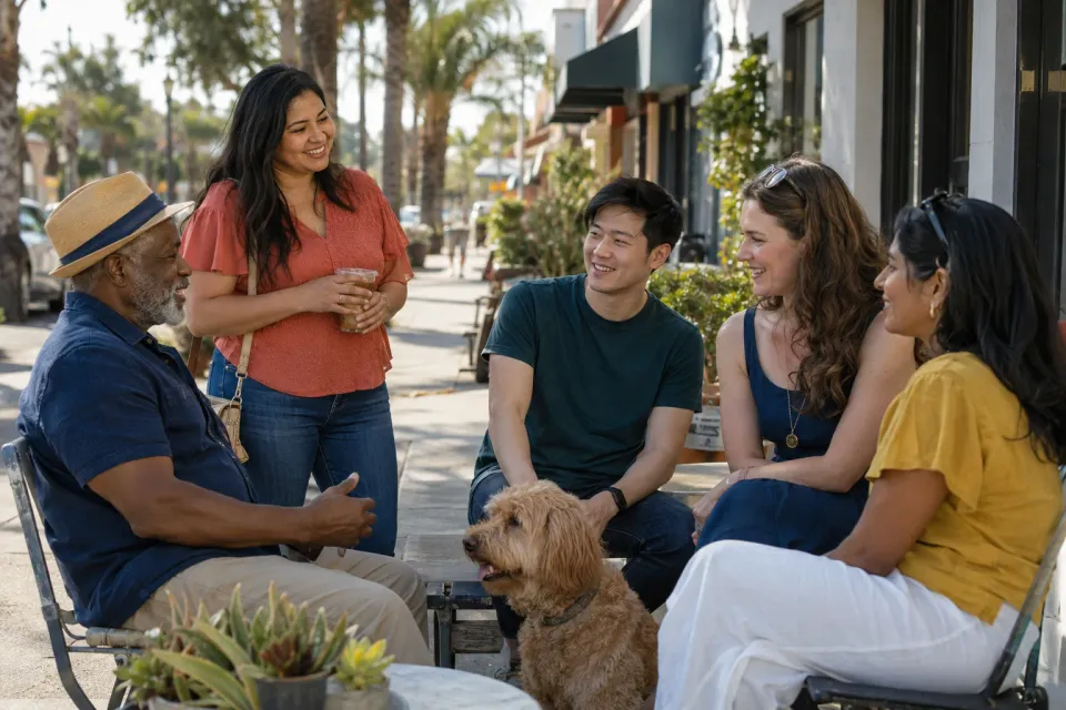 AI-generated scene of a diverse group of adult neighbors talking together outside neighborhood storefronts, with a dog.